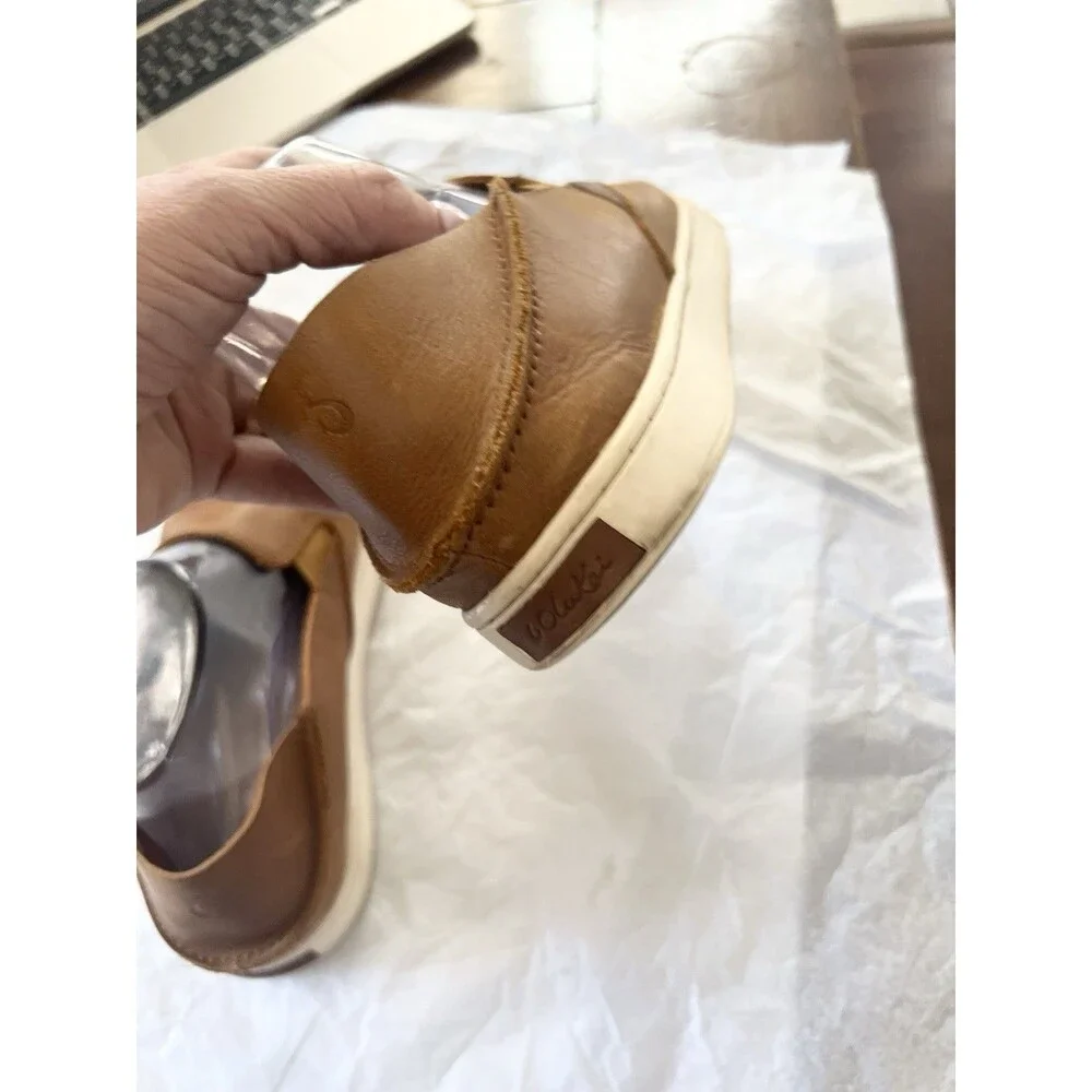 OluKai Pehuea Leather Slip On Shoes Floc Fox Brown Slides 2 Way Loafers Size 9.5